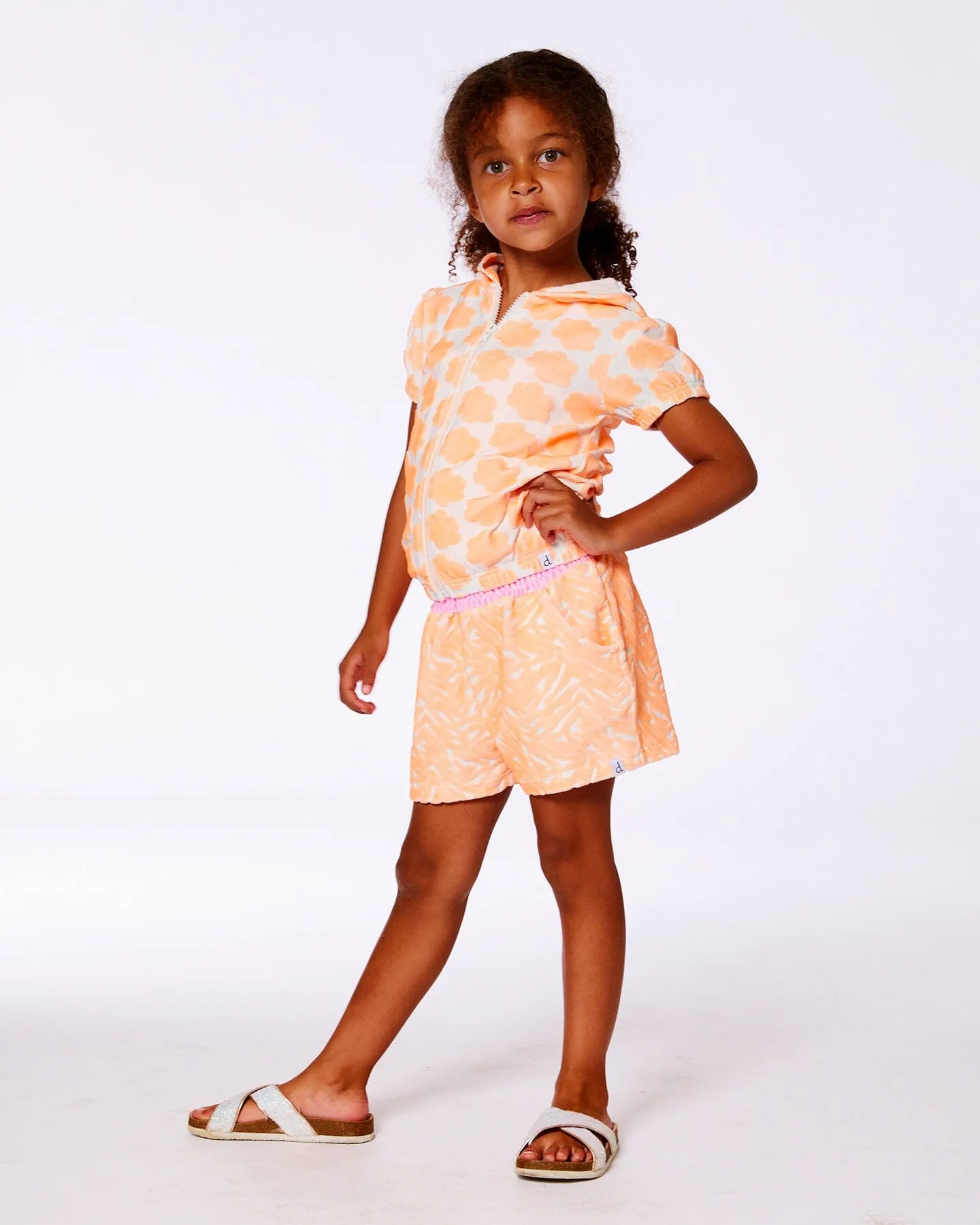 Printed Terry Short Sleeve Hoodie Cardigan Vibrant Orange And White