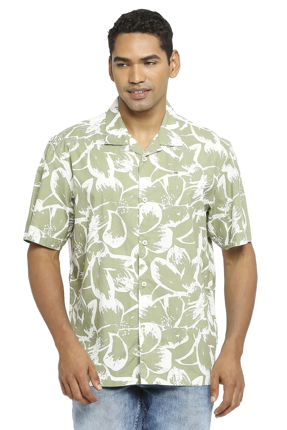 Relaxed Fit Cotton Poplin Printed Halfsleeves Shirt