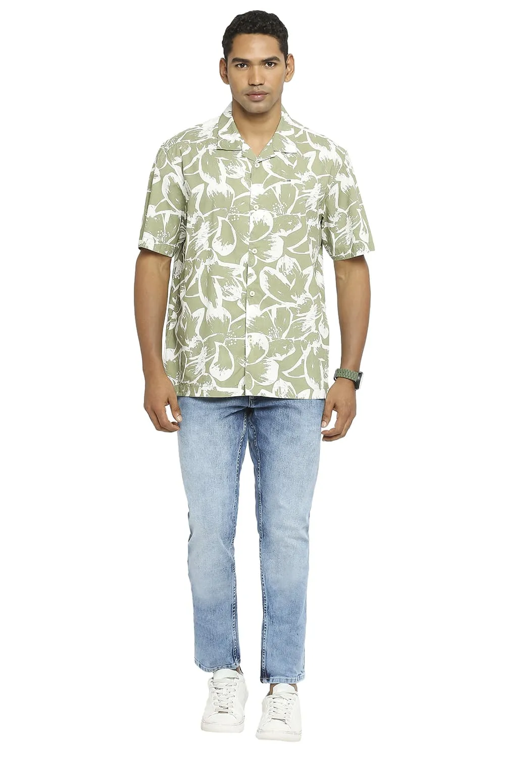 Relaxed Fit Cotton Poplin Printed Halfsleeves Shirt