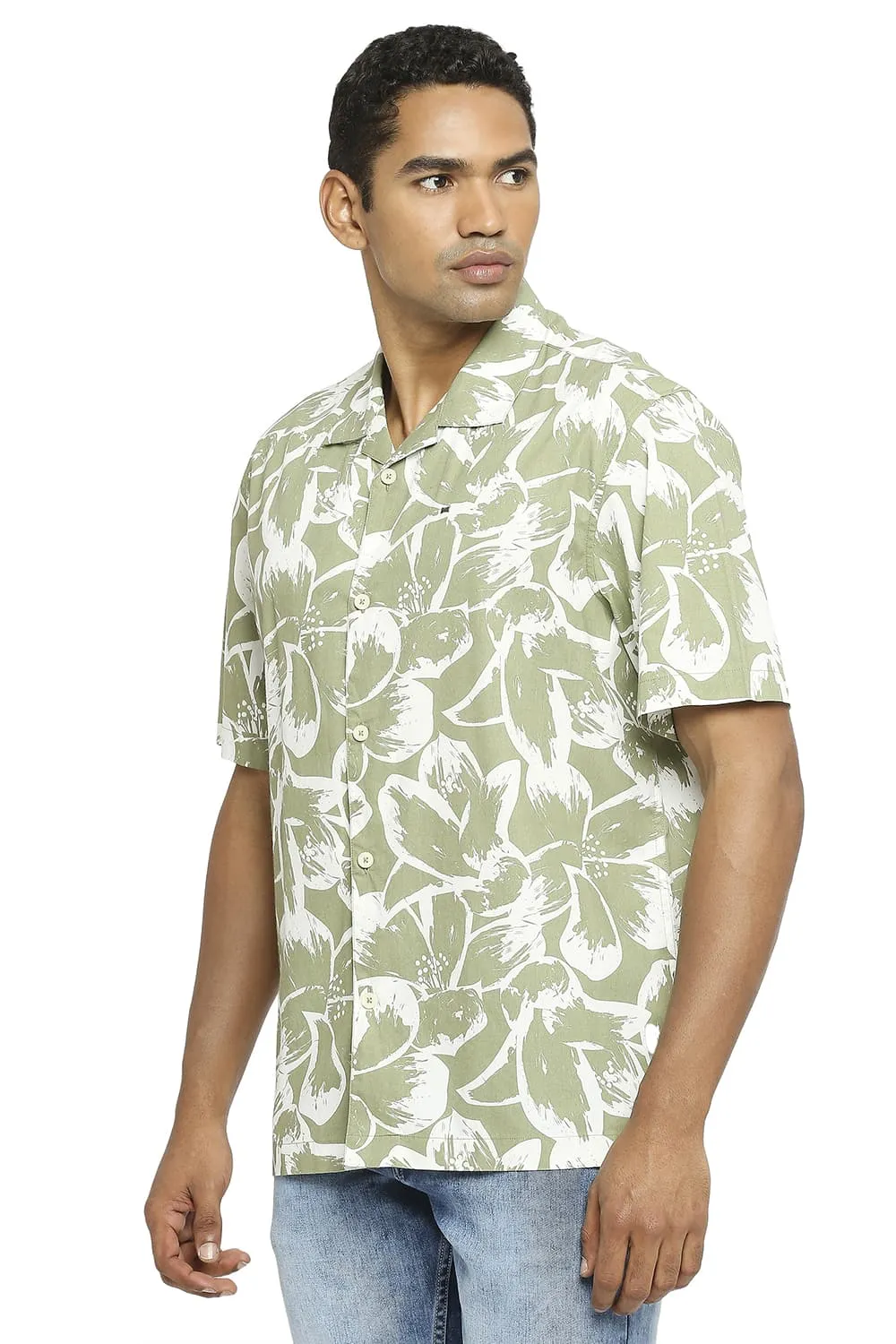 Relaxed Fit Cotton Poplin Printed Halfsleeves Shirt