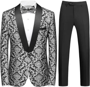 Rogers & Morris Floral Tuxedo Suit Set for Men Regular 2 Piece Jacket and Black Pants