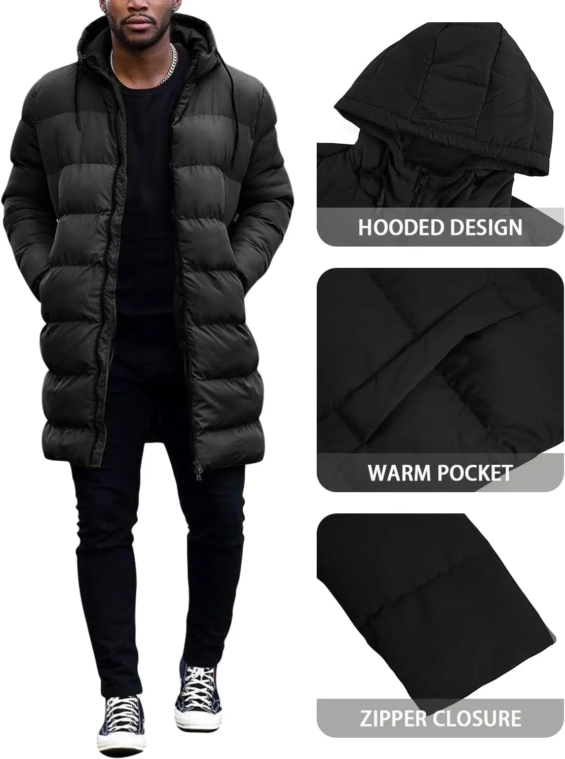 Runcati Mens Hooded Puffer Coat Long Warm Winter Jacket Thicken Padded with Hood