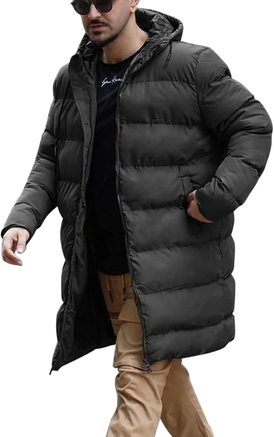Runcati Mens Hooded Puffer Coat Long Warm Winter Jacket Thicken Padded with Hood