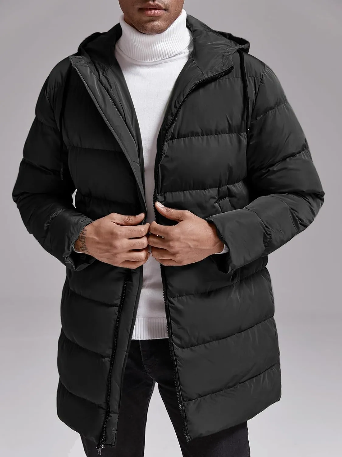 Runcati Mens Hooded Puffer Coat Long Warm Winter Jacket Thicken Padded with Hood