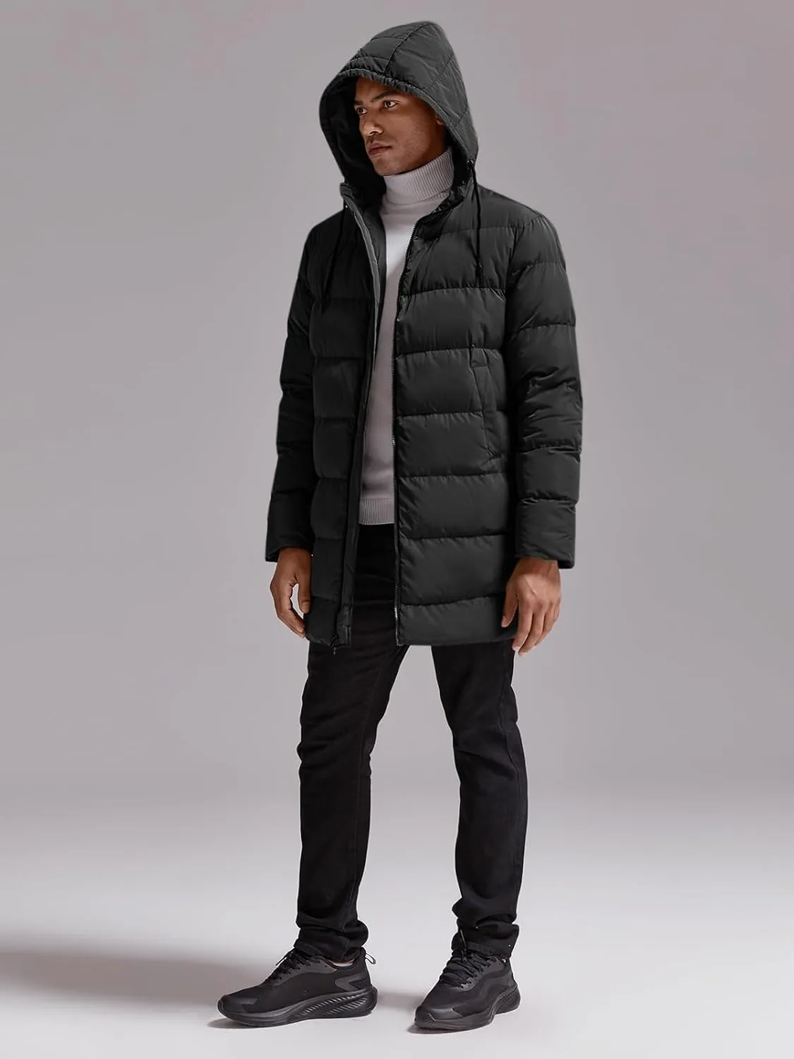 Runcati Mens Hooded Puffer Coat Long Warm Winter Jacket Thicken Padded with Hood