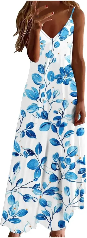 Sexy Dresses for Women V-Neck Spaghetti Strap Sleeveless Boho Sundress Summer Ruched Maxi Wedding Guest Dress