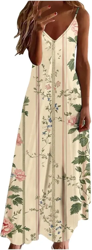Sexy Dresses for Women V-Neck Spaghetti Strap Sleeveless Boho Sundress Summer Ruched Maxi Wedding Guest Dress