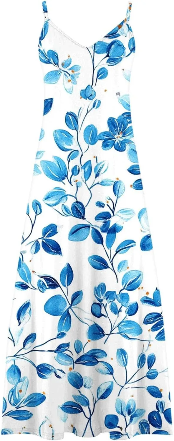 Sexy Dresses for Women V-Neck Spaghetti Strap Sleeveless Boho Sundress Summer Ruched Maxi Wedding Guest Dress