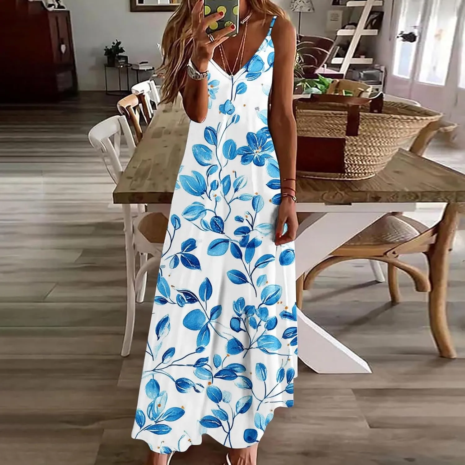 Sexy Dresses for Women V-Neck Spaghetti Strap Sleeveless Boho Sundress Summer Ruched Maxi Wedding Guest Dress