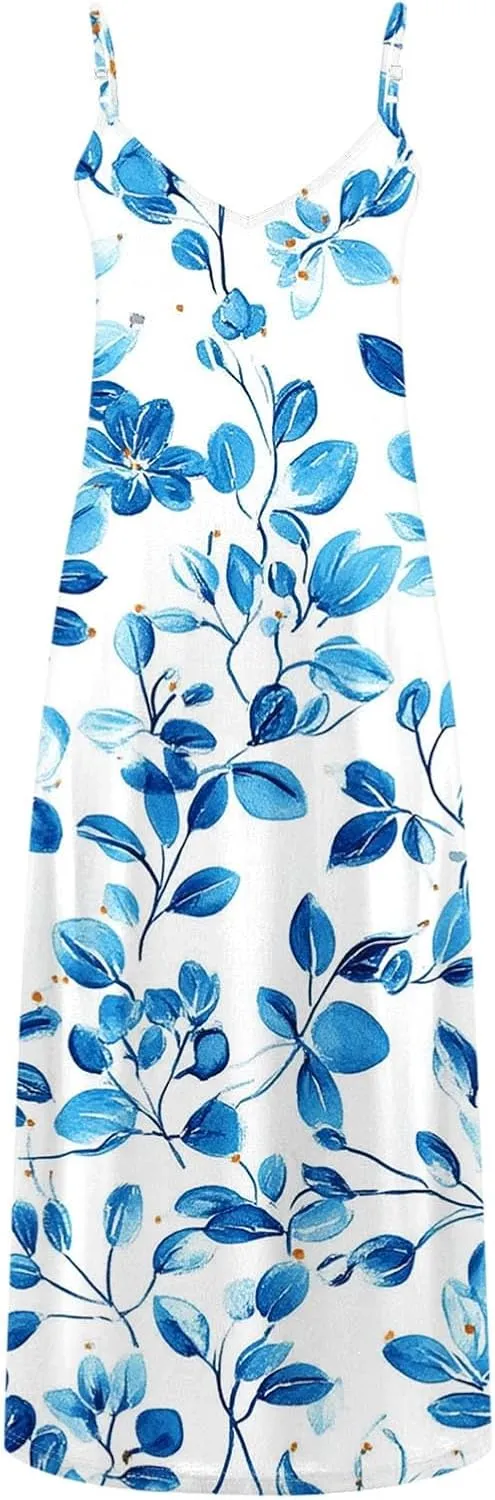 Sexy Dresses for Women V-Neck Spaghetti Strap Sleeveless Boho Sundress Summer Ruched Maxi Wedding Guest Dress