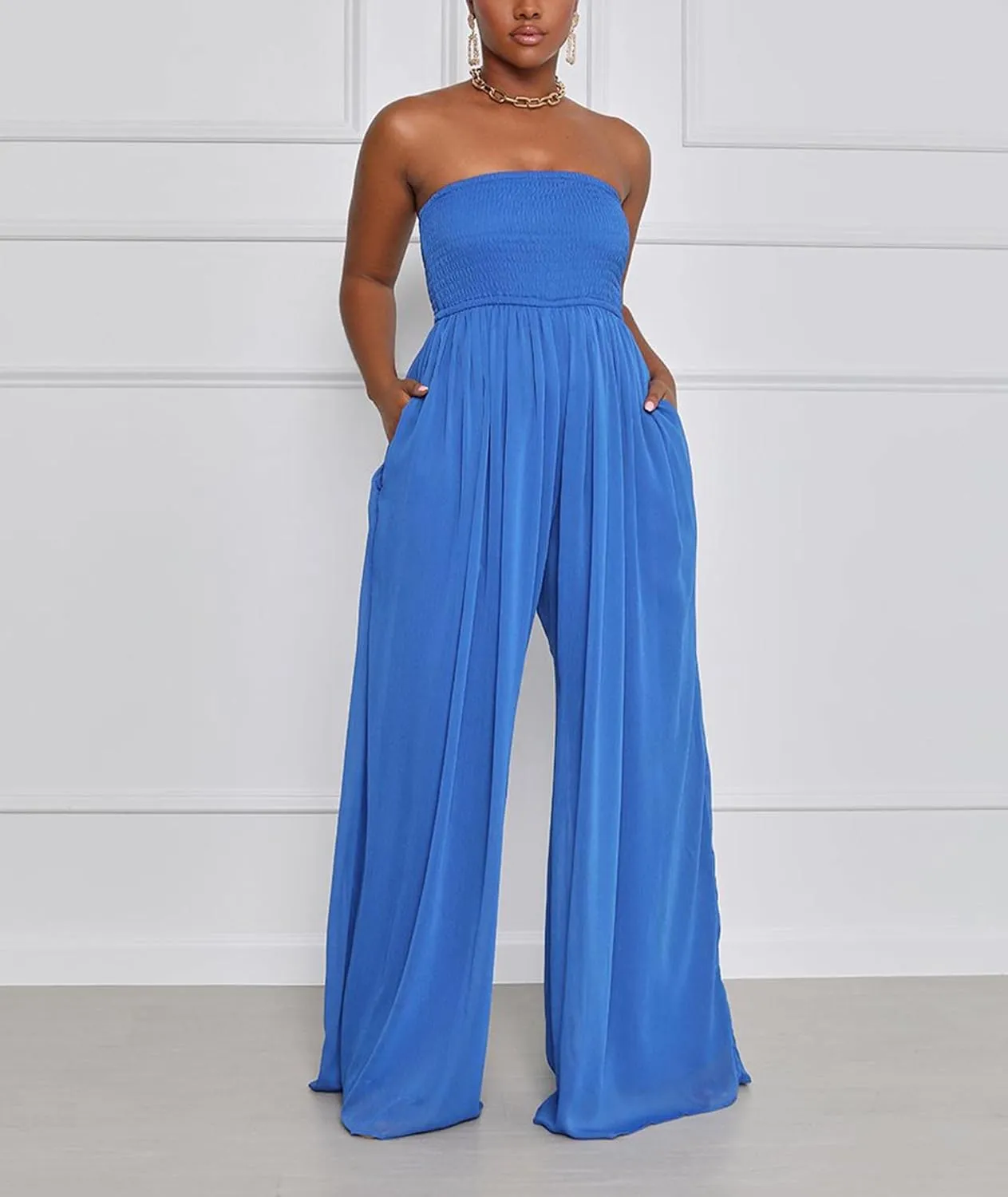 Sexyshine Women's Sexy Off Shoulder Tube Top Rompers High Waist Long Wide Leg Pants Jumpsuits