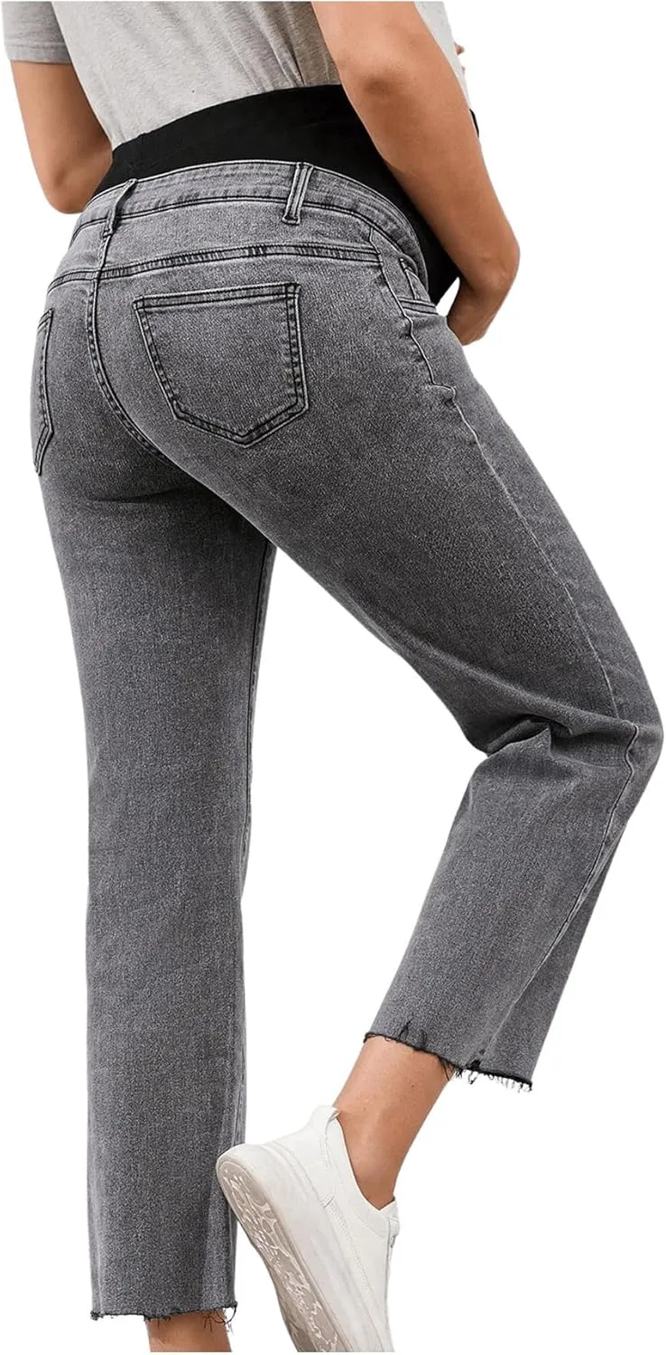 SHENHE Women's Maternity Jeans Over Belly High Waist Raw Hem Comfy Stretch Jean Denim Pants