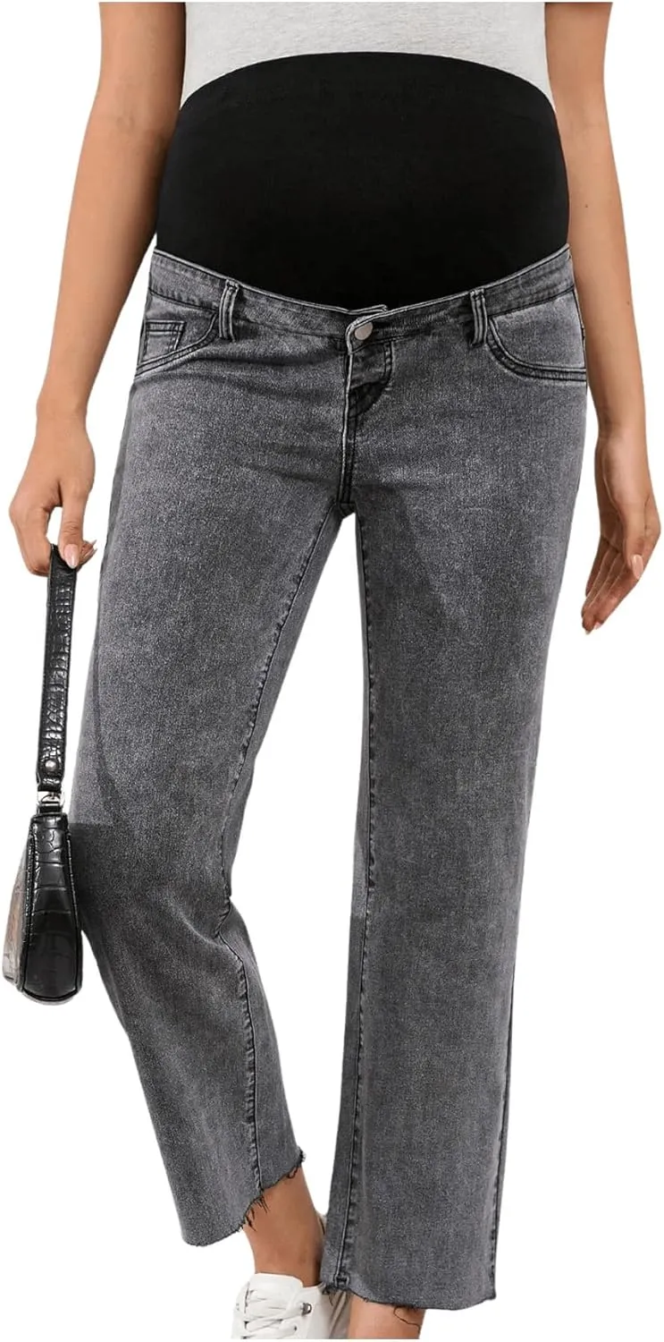SHENHE Women's Maternity Jeans Over Belly High Waist Raw Hem Comfy Stretch Jean Denim Pants