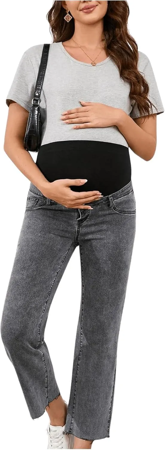 SHENHE Women's Maternity Jeans Over Belly High Waist Raw Hem Comfy Stretch Jean Denim Pants
