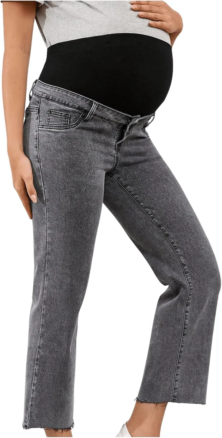 SHENHE Women's Maternity Jeans Over Belly High Waist Raw Hem Comfy Stretch Jean Denim Pants