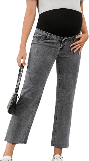 SHENHE Women's Maternity Jeans Over Belly High Waist Raw Hem Comfy Stretch Jean Denim Pants