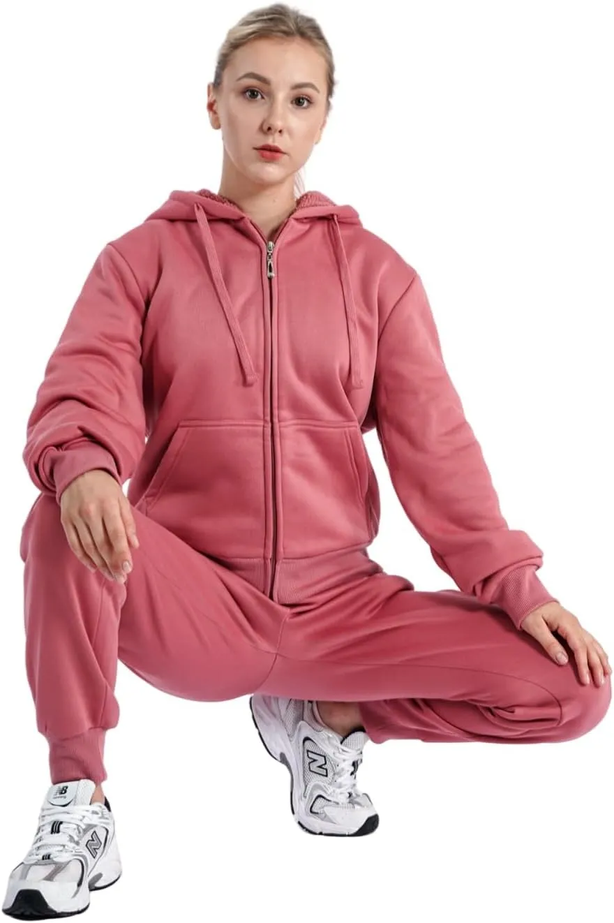 Sherpa Zipper Womens Sweatsuits Active Jogging Fleece 2 Pieces Hoodie and Pants Winter Outfit Sets