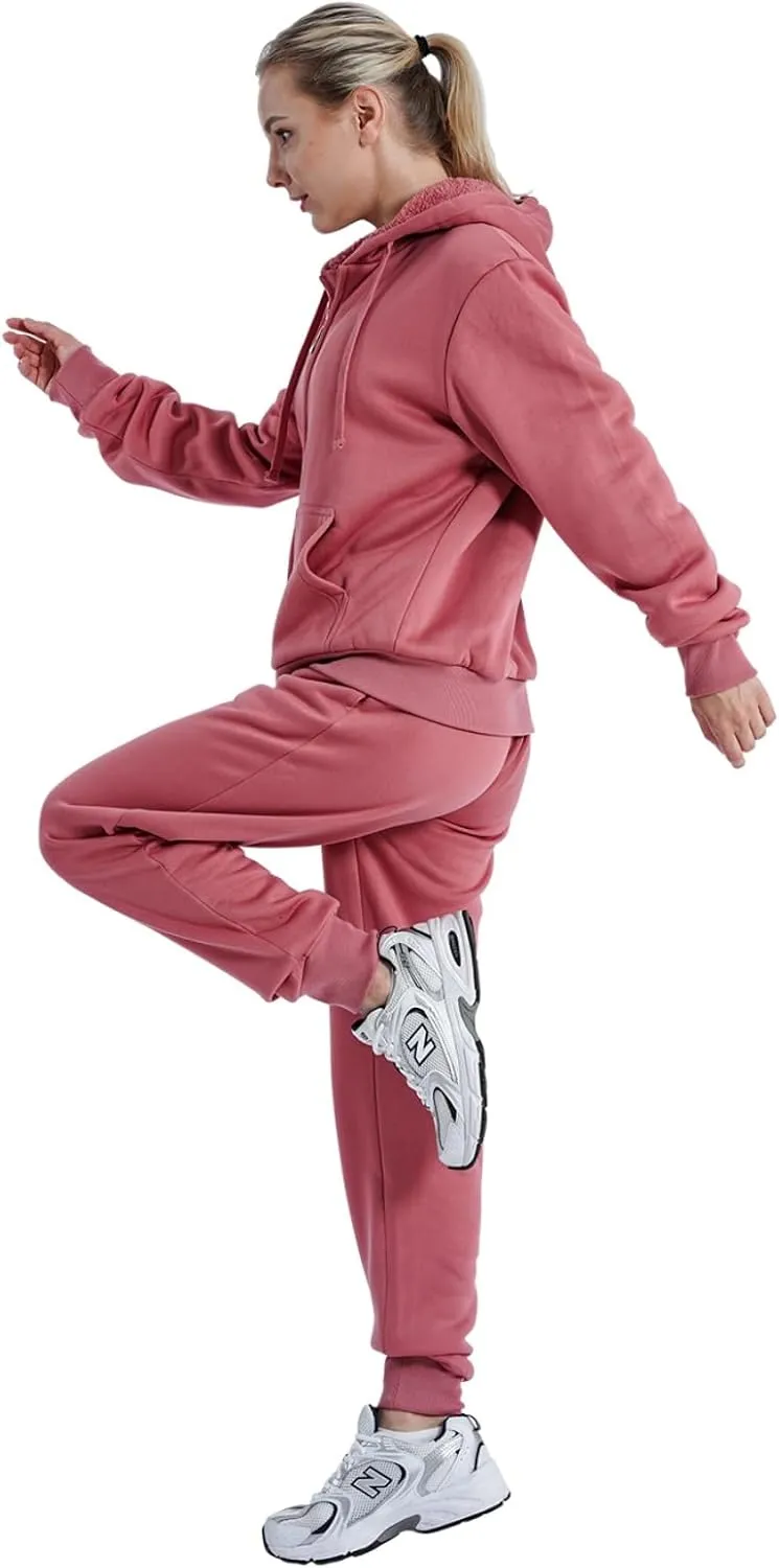 Sherpa Zipper Womens Sweatsuits Active Jogging Fleece 2 Pieces Hoodie and Pants Winter Outfit Sets