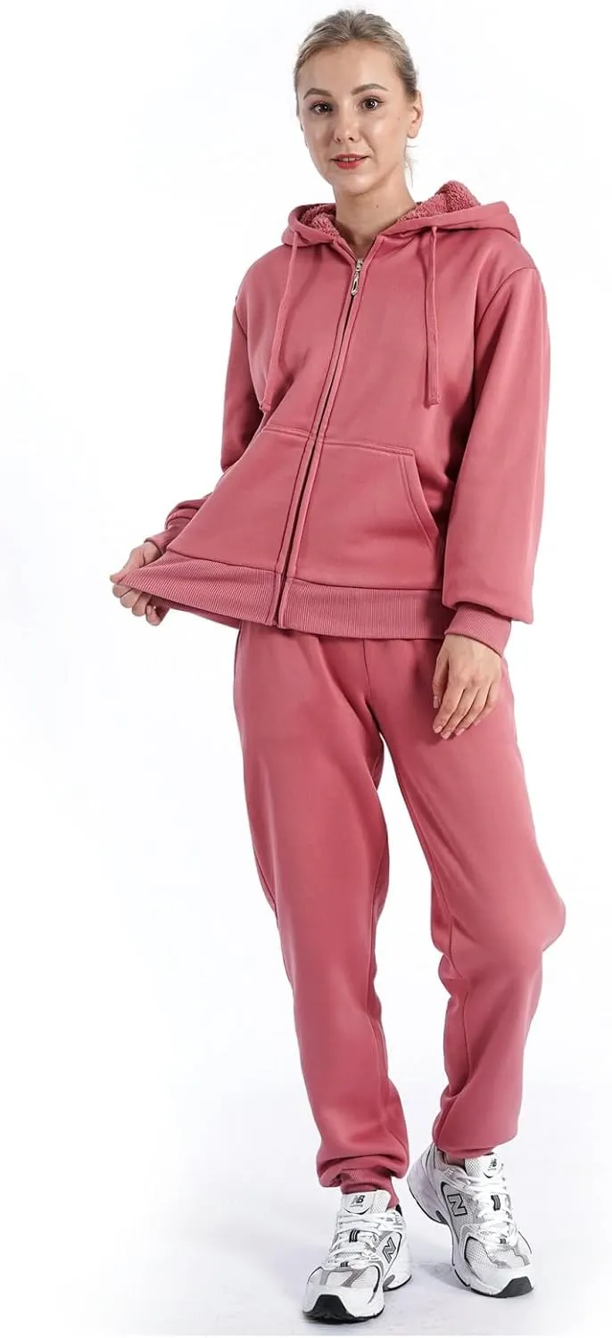 Sherpa Zipper Womens Sweatsuits Active Jogging Fleece 2 Pieces Hoodie and Pants Winter Outfit Sets