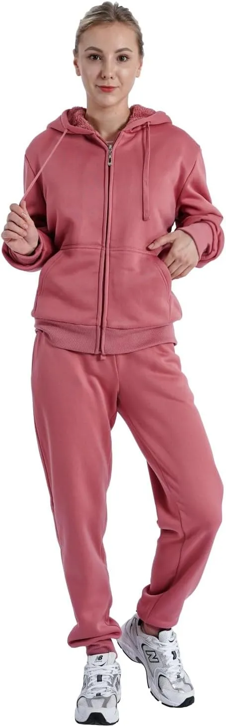 Sherpa Zipper Womens Sweatsuits Active Jogging Fleece 2 Pieces Hoodie and Pants Winter Outfit Sets