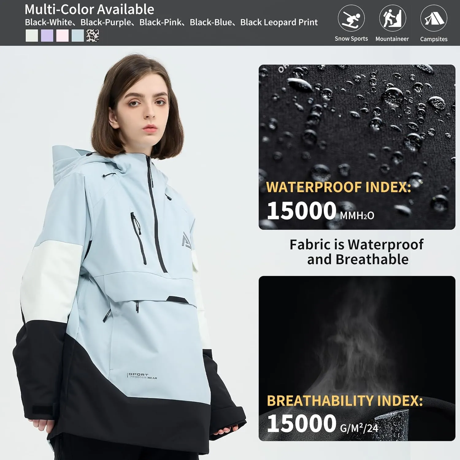 Ski Jacket Snowboard Anorak Coat Pullover Baggy Snow Hooded Insulated Hoodie Waterproof Warm for Women Men