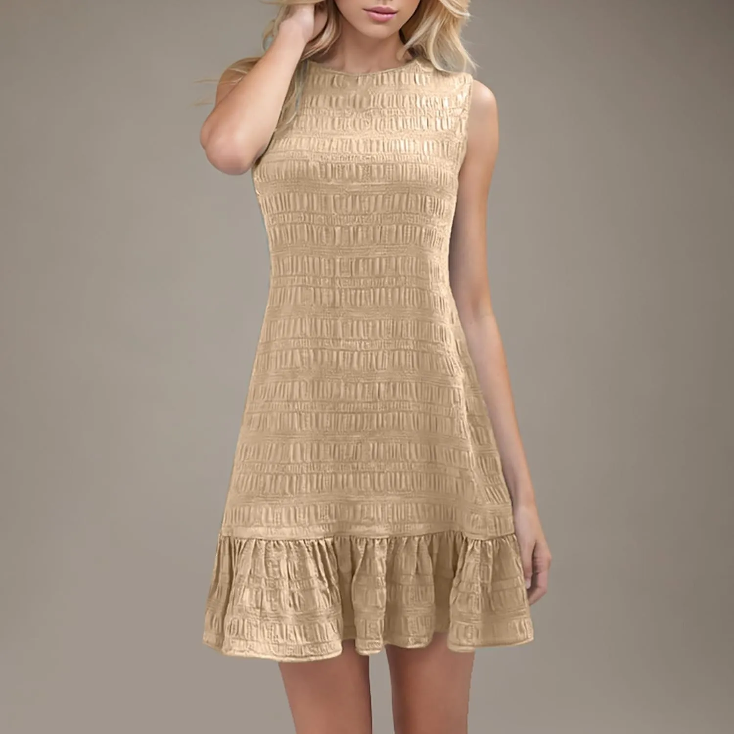 Summer Dress Women Mini Ruffle Hem Sleeveless Round Neck Solid Textured Casual Beach Holiday Party Boho Sundress