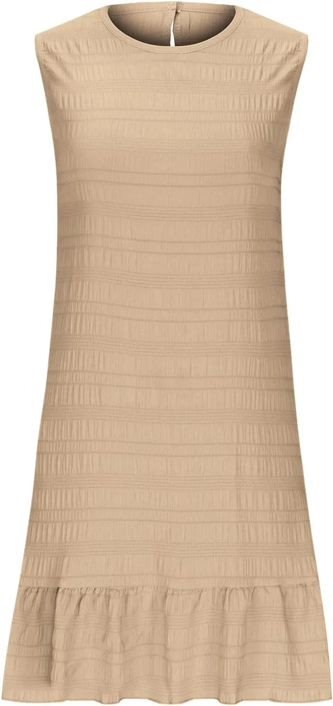 Summer Dress Women Mini Ruffle Hem Sleeveless Round Neck Solid Textured Casual Beach Holiday Party Boho Sundress
