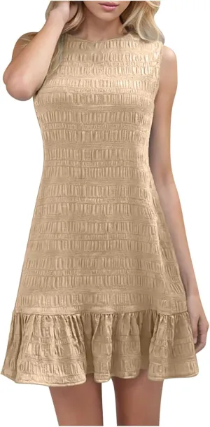 Summer Dress Women Mini Ruffle Hem Sleeveless Round Neck Solid Textured Casual Beach Holiday Party Boho Sundress