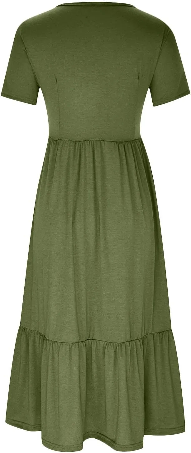 Summer Dresses for Women 2024 Maxi Casual Short Sleeve Crewneck Dress Flowy Swing Beach Sundresses with Pockets