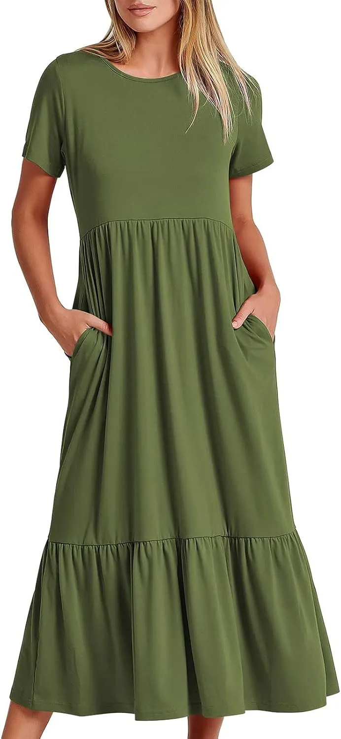 Summer Dresses for Women 2024 Maxi Casual Short Sleeve Crewneck Dress Flowy Swing Beach Sundresses with Pockets
