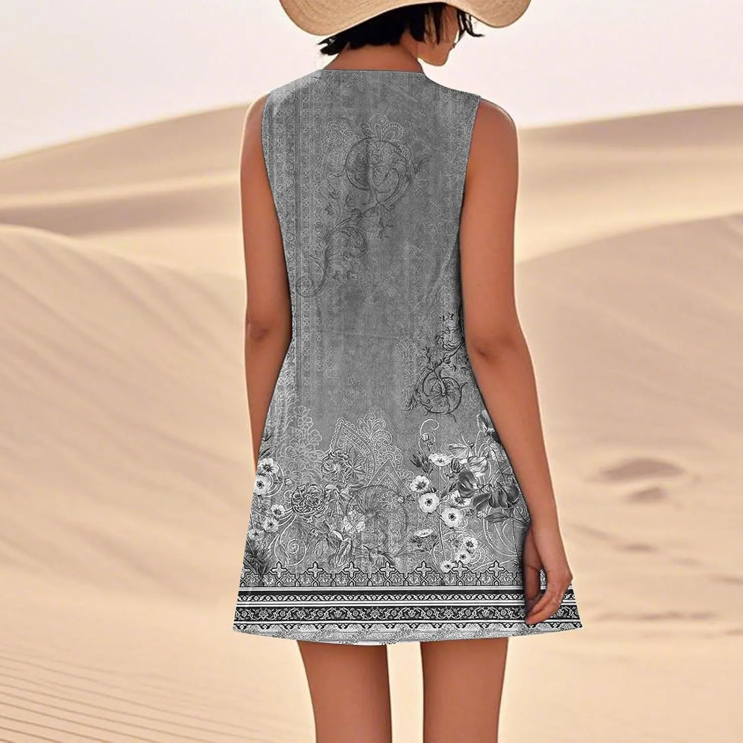 Summer Dresses for Women 2025 Crewneck Sleeveless Cotton Linen Tank Dress Beach Vacation Sundresses with Pockets