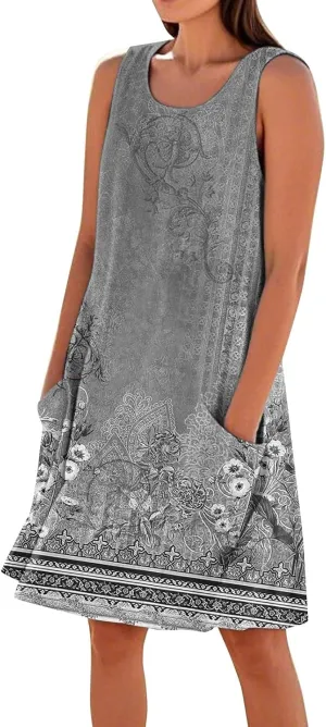 Summer Dresses for Women 2025 Crewneck Sleeveless Cotton Linen Tank Dress Beach Vacation Sundresses with Pockets