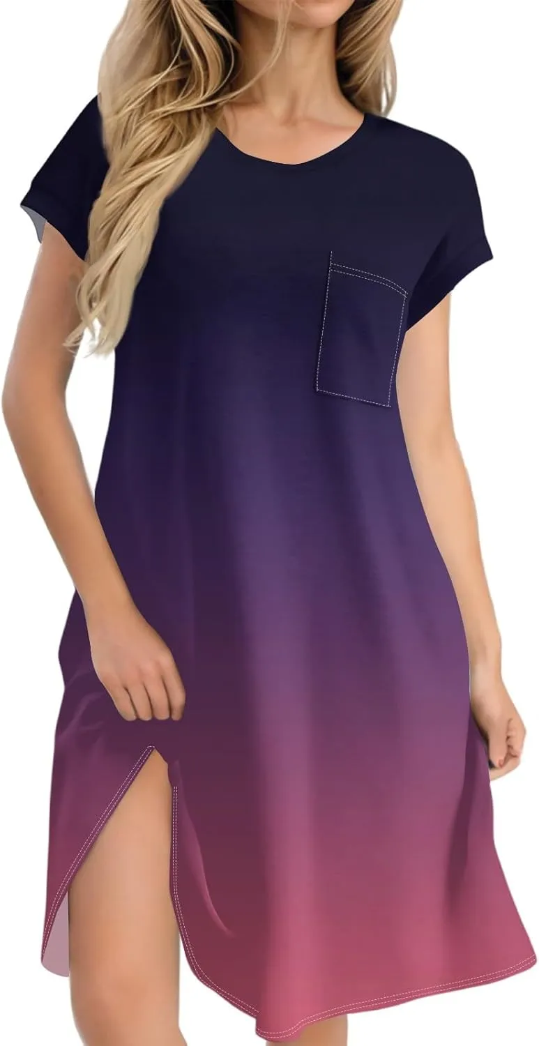 Summer Dresses for Women 2025s Casual Cap Sleeve Crewneck Loose Mini Dresses Casual Gradient Beach T Shirt Dres
