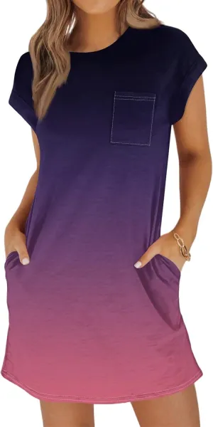 Summer Dresses for Women 2025s Casual Cap Sleeve Crewneck Loose Mini Dresses Casual Gradient Beach T Shirt Dres