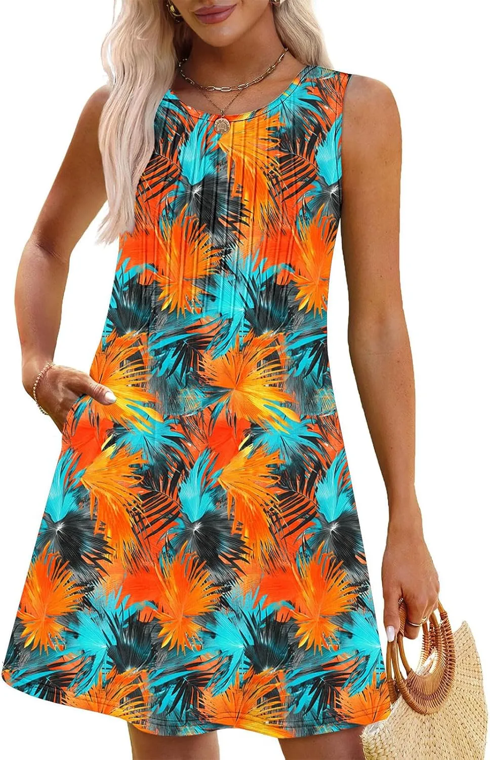 Sundresses for Women Casual Sleeveless Floral Ruched Front Dresses A-Line Beach Festival Dress with Pockets
