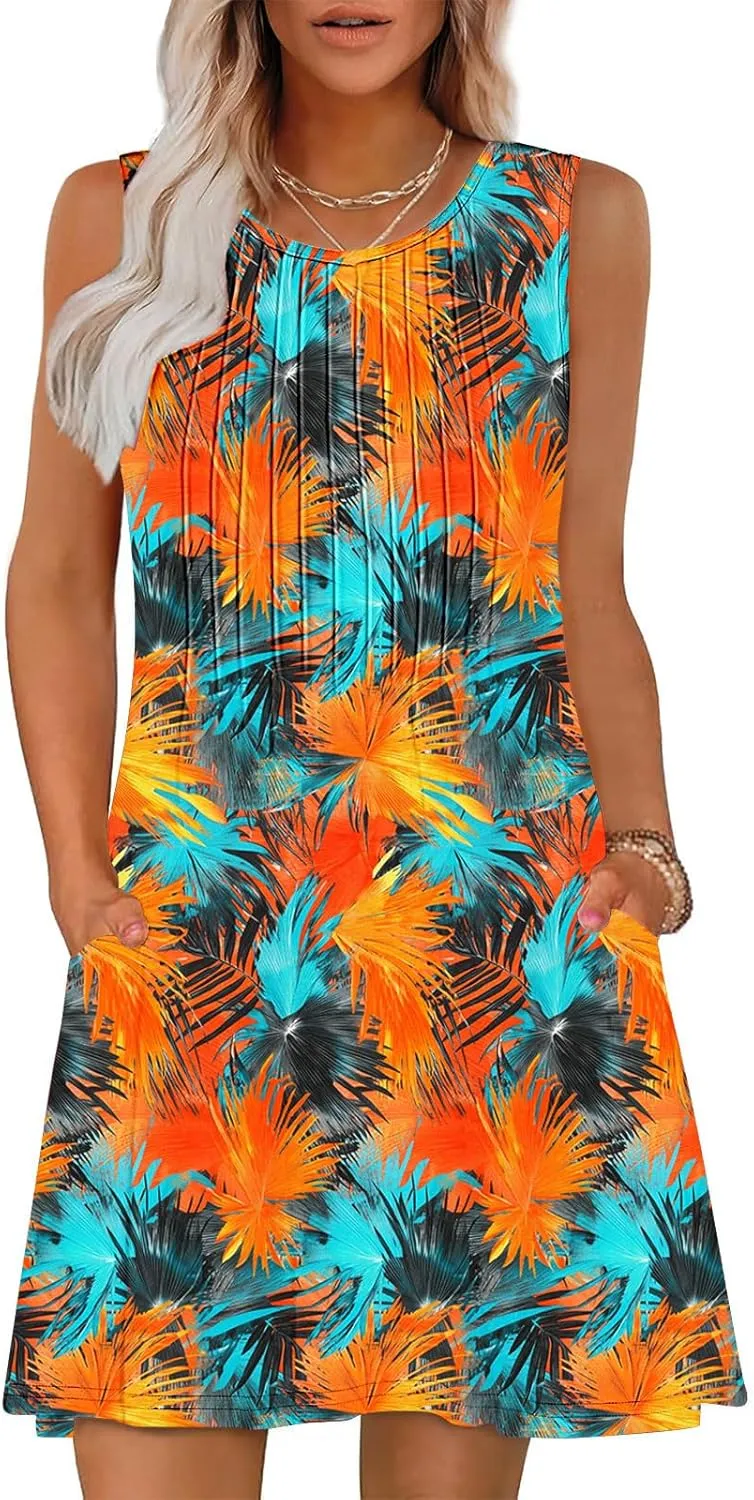 Sundresses for Women Casual Sleeveless Floral Ruched Front Dresses A-Line Beach Festival Dress with Pockets
