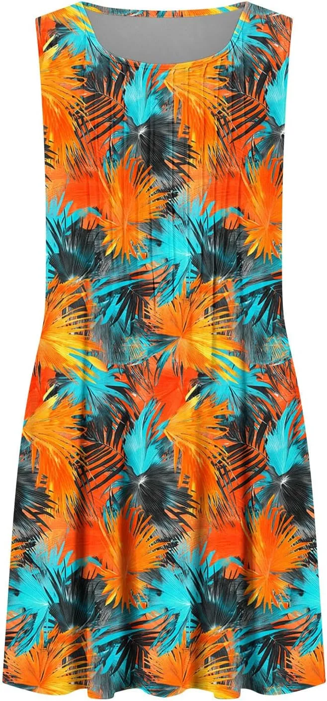 Sundresses for Women Casual Sleeveless Floral Ruched Front Dresses A-Line Beach Festival Dress with Pockets