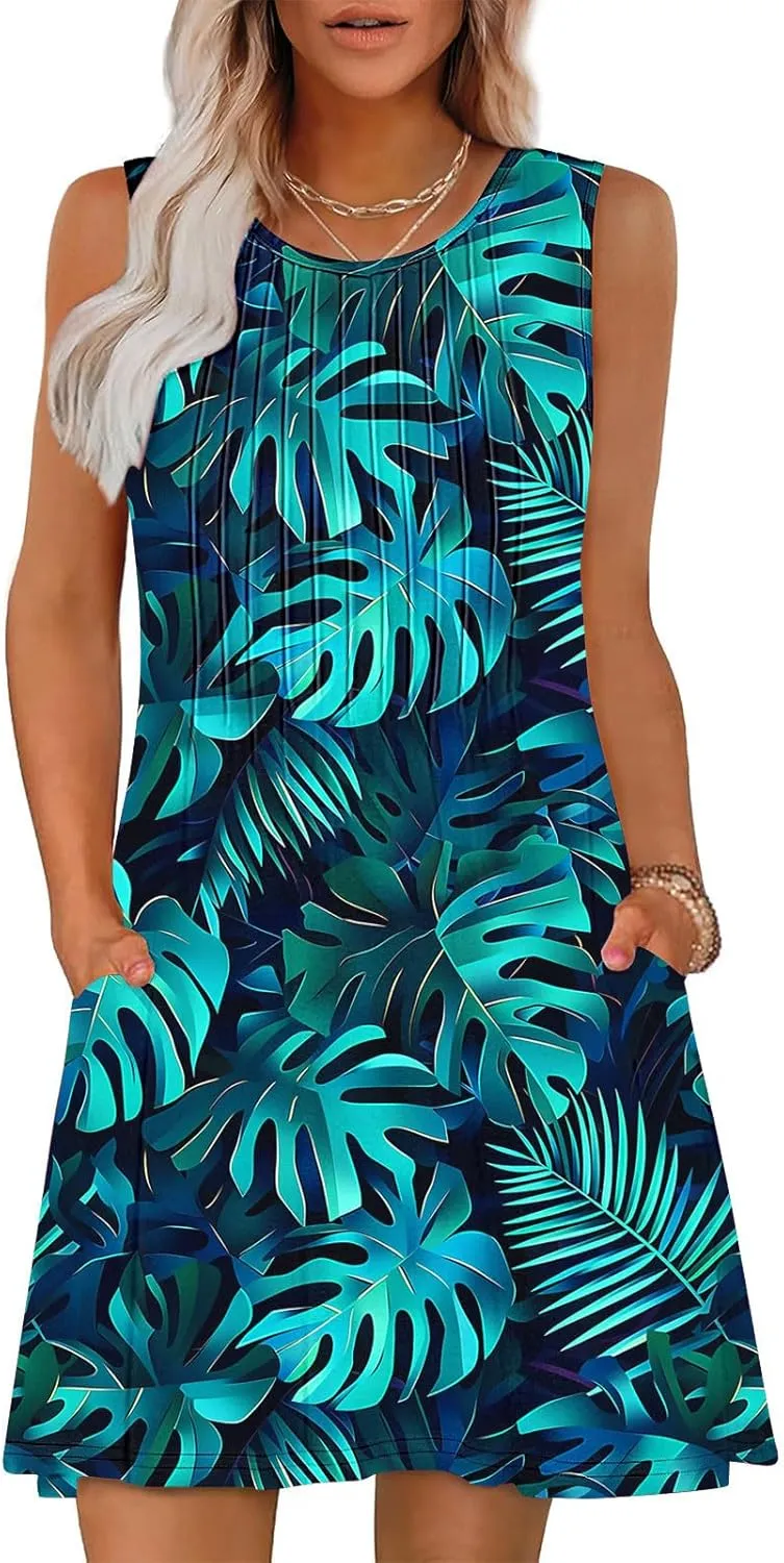 Sundresses for Women Casual Sleeveless Floral Ruched Front Dresses A-Line Beach Festival Dress with Pockets