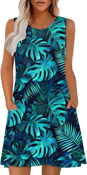 Sundresses for Women Casual Sleeveless Floral Ruched Front Dresses A-Line Beach Festival Dress with Pockets