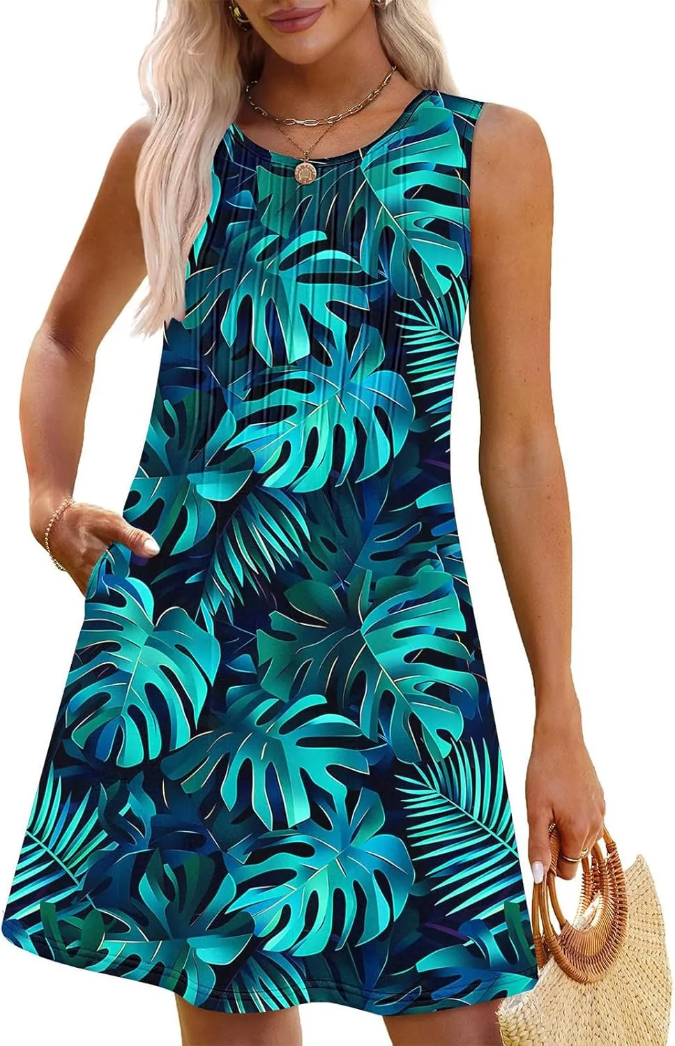Sundresses for Women Casual Sleeveless Floral Ruched Front Dresses A-Line Beach Festival Dress with Pockets