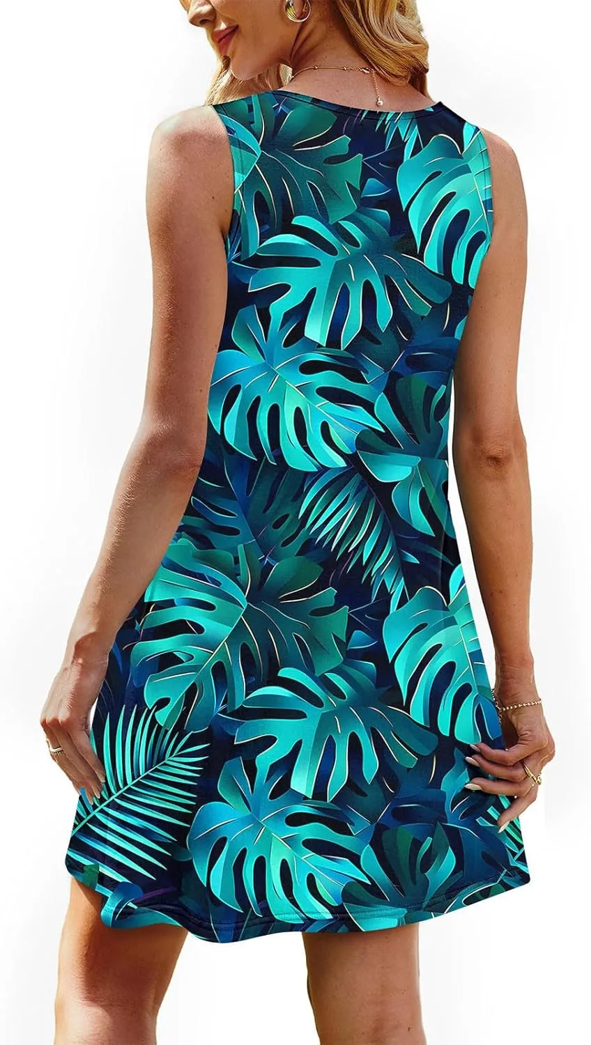 Sundresses for Women Casual Sleeveless Floral Ruched Front Dresses A-Line Beach Festival Dress with Pockets