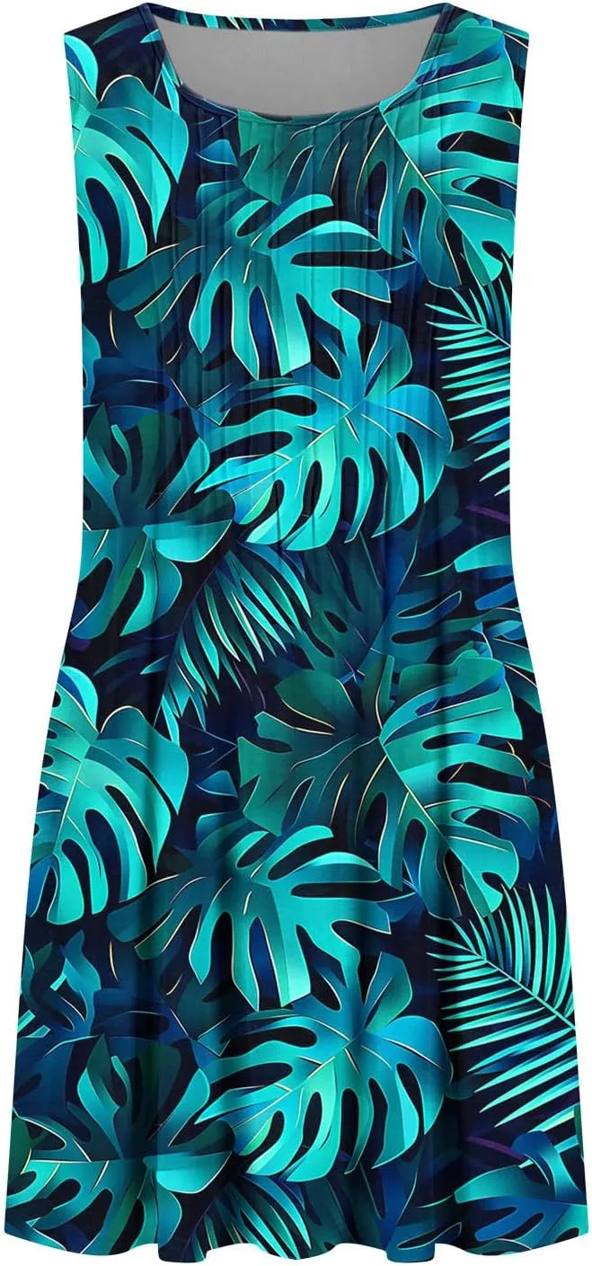 Sundresses for Women Casual Sleeveless Floral Ruched Front Dresses A-Line Beach Festival Dress with Pockets