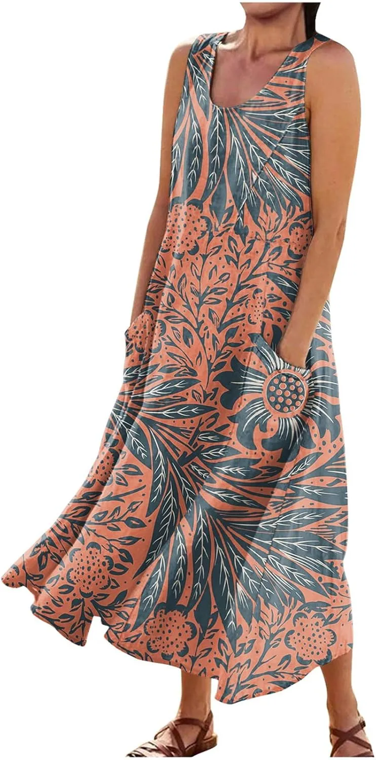 Sundresses for Women Floral Printed Sleeveless Sundresses Pockets a Line Maxi Dresses Casual Loose Long Dresses