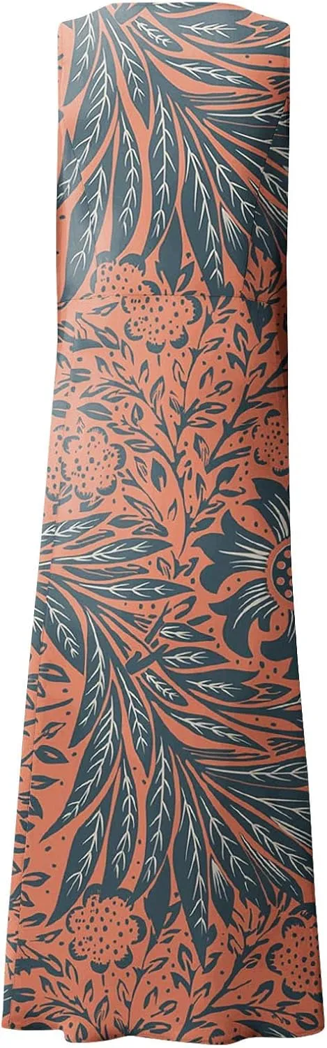Sundresses for Women Floral Printed Sleeveless Sundresses Pockets a Line Maxi Dresses Casual Loose Long Dresses