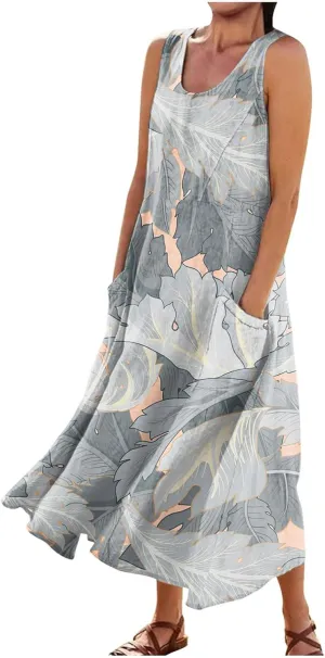 Sundresses for Women Floral Printed Sleeveless Sundresses Pockets a Line Maxi Dresses Casual Loose Long Dresses