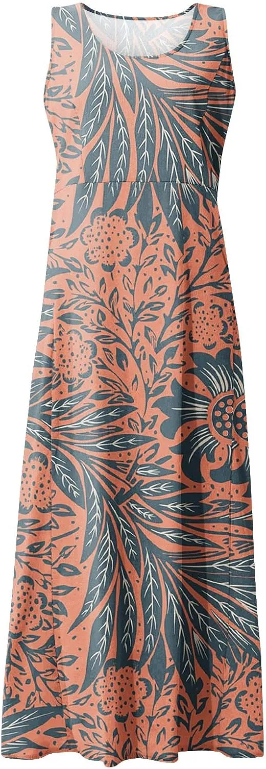 Sundresses for Women Floral Printed Sleeveless Sundresses Pockets a Line Maxi Dresses Casual Loose Long Dresses