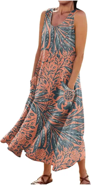 Sundresses for Women Floral Printed Sleeveless Sundresses Pockets a Line Maxi Dresses Casual Loose Long Dresses