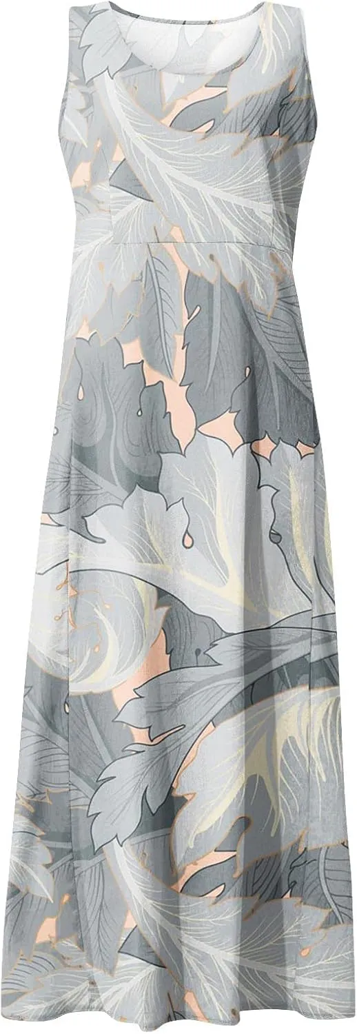 Sundresses for Women Floral Printed Sleeveless Sundresses Pockets a Line Maxi Dresses Casual Loose Long Dresses