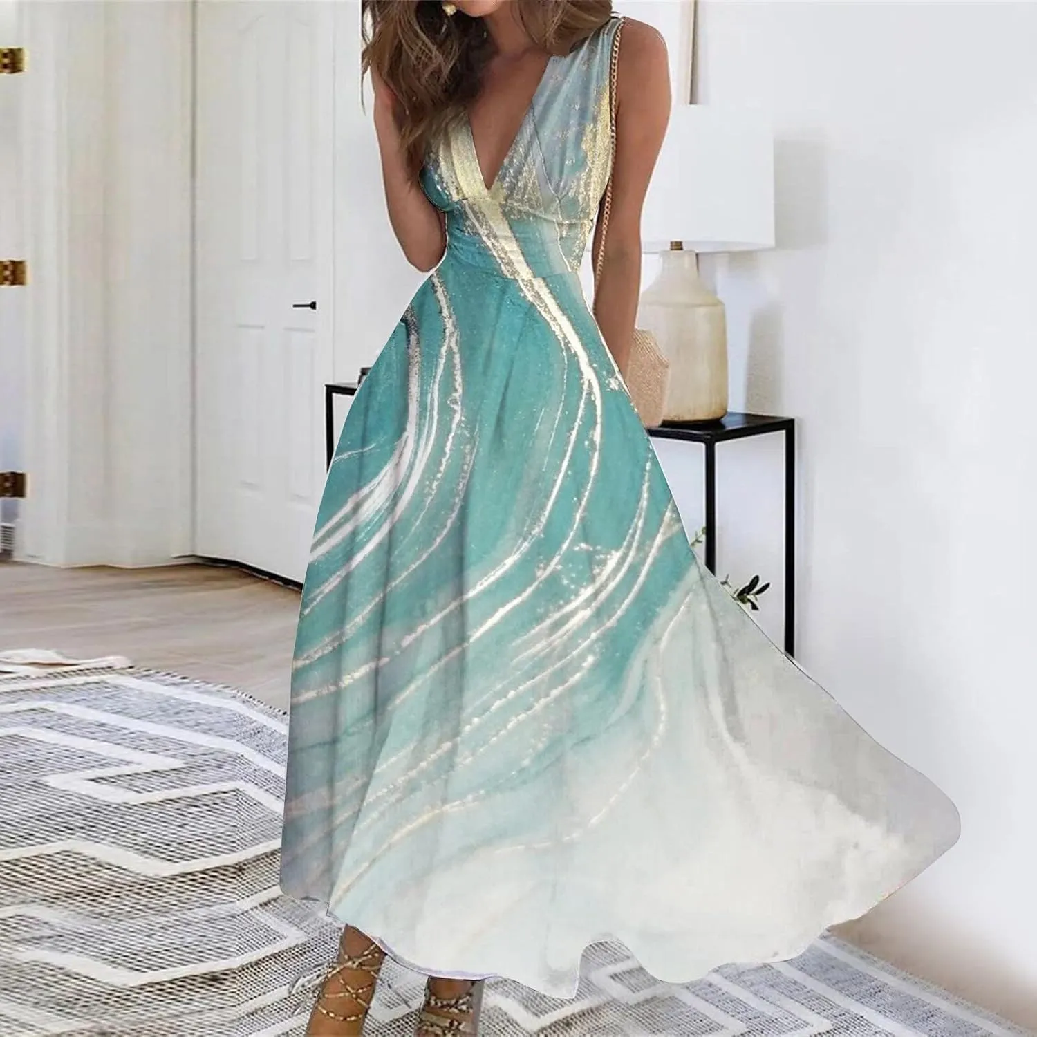 Sundresses for Women,2024 Summer Elegant Wrap V Neck Sleeveless Maxi Dress,Trendy Floral Print Flowy Boho Beach Dress