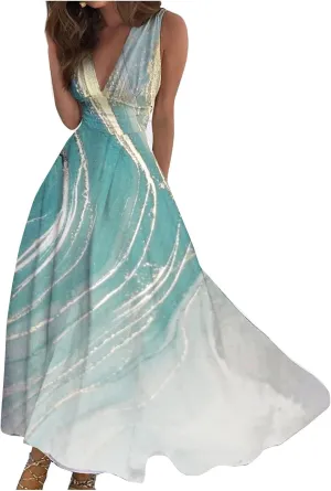 Sundresses for Women,2024 Summer Elegant Wrap V Neck Sleeveless Maxi Dress,Trendy Floral Print Flowy Boho Beach Dress